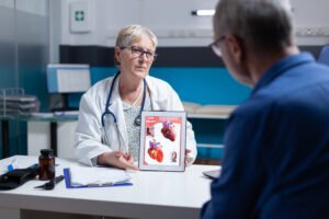 Physician Explaining Cardiology Diagnosis With Image Of Heart Organ On Tablet To Patient - Cardiologist Dr. Waseem Nadaf Bangalore